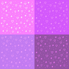 Background with hearts and snowflakes for Valentine's Day. Delicate pink background for cards, print, greetings. Hand drawing doodle vector. Stock illustration.