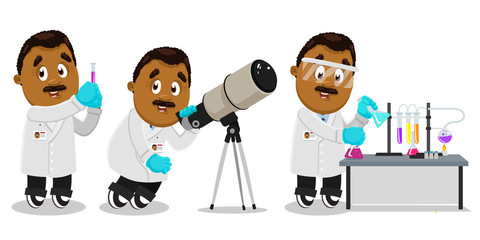 Moustached afro-american man, scientist, researcher in lab coat and gloves spending time at work.