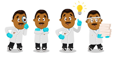 Vector set with different emotions and gestures of afro-american man, scientist, researcher.