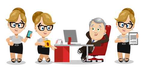 Blond spectacled pretty secretary spending time at work.