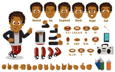 Cartoon afro-american guy constructor for animation. Parts of body, set of poses, objects.