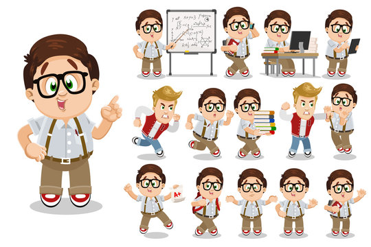Big vector cartoon set with spectacled plump teen in different situations.