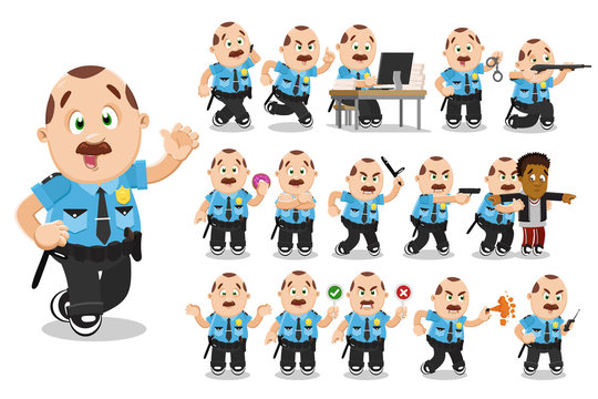 Big vector cartoon set with mustached policeman in different situations.