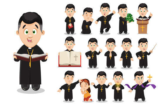 Big vector cartoon set with catholic priest in different situations.