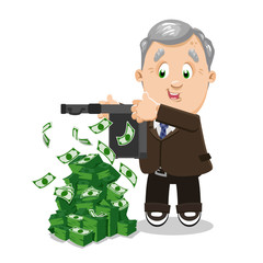 Aged silver haired plump businessman, CEO showing or giving money.