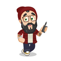 Bearded man in skully hat with tattoo and watch keeping electronic cigarette.