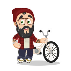 Bearded hipster with tattoo, watch in red skully hat, checkered shirt, jeans standing near bicycle.