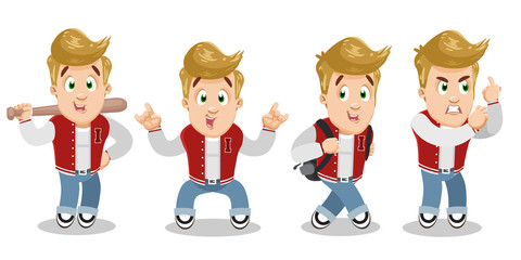 Vector set with blond sportive guy in red vest and jeans in different mood and poses.