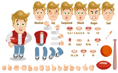 Cartoon sportive blond guy constructor for animation. Parts of body, set of poses, objects.
