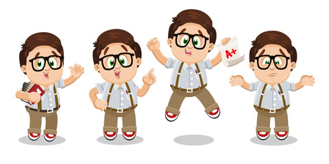 Vector set with spectacled plump teen, schoolboy in different mood and poses.