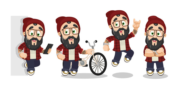 Typical day highlights of bearded hipster with glasses, tattoo in red skully hat, shirt and jeans.