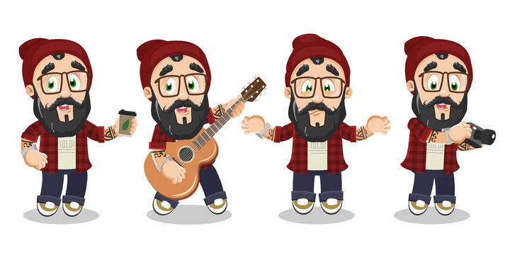 Typical day highlights of bearded hipster with glasses, tattoo in red skully hat, shirt and jeans.
