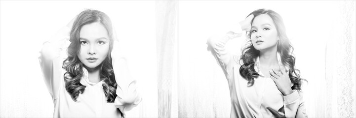 Naklejka premium Three Collage Group Pack of Fashion Young Asian Woman black curl hair wear white shirt dress pose attractive glam look in many sensual style. High Key backlit exposure, copy space, monochrome