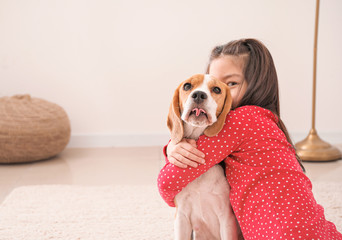 Little Asian girl with cute beagle dog at home