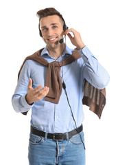 Male technical support agent on white background