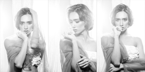 Monochrome Black white portrait of beautiful young LGBT or LGBTQ+ Boy on summer romantic vacation, desire outdoors. Girl short hair sits next to Windows with curtain and Sun light, collage group pack