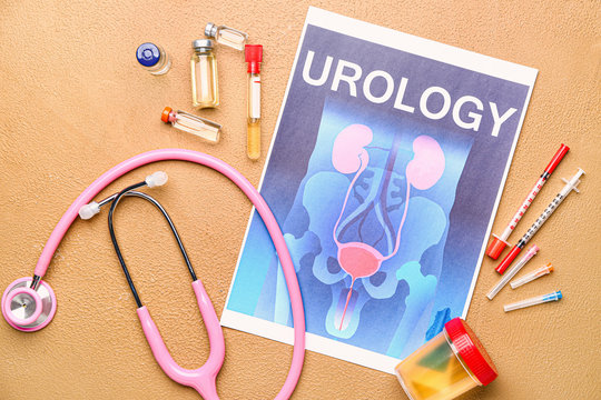 Paper sheet with picture of urogenital system, medicines and stethoscope on color background