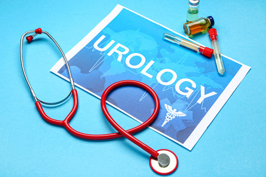 Paper sheet with text UROLOGY, stethoscope and medicines on color background