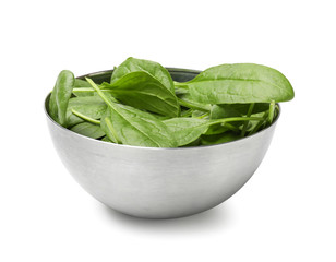 Bowl with fresh spinach on white background