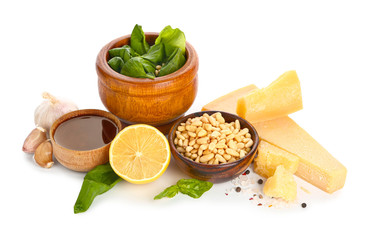 Ingredients for pesto sauce on white background