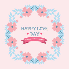 Beautiful peach flower frame and unique leaf pattern, for happy love day greeting card design. Vector