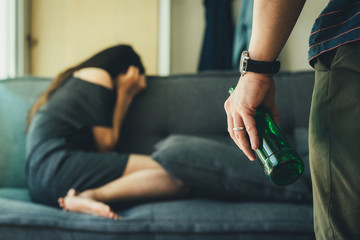 drunk husband hit attacking scared wife in house.help victim of domestic violence, Human...
