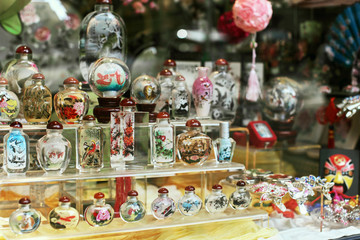 Collection of colorful Snuff Bottles on display at a market in Chinatown, San Francisco 