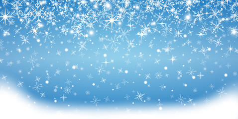 Winter blue sky with falling snow, snowflake. Holiday Winter background for Merry Christmas and Happy New Year. Vector illustration