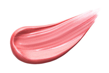 Lip gloss isolated on white. Smudged pink makeup product sample - obrazy, fototapety, plakaty