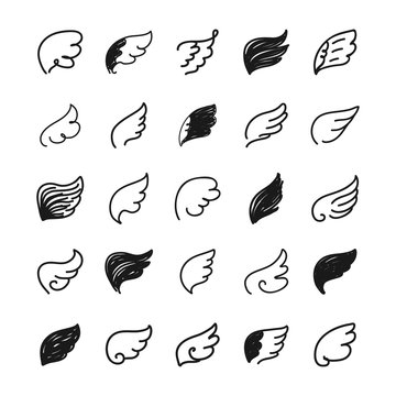 Set of scribble black angel wings.  Collection of wings shapes draw the hand. Vector illustration.