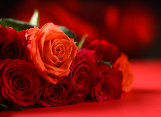 Plakat Congratulation on Valentine's Day, roses, flowers, romance. Red background, space for an inscription.