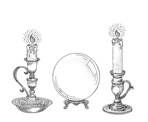Candle sketch and magic ball. A set of different candles in an old candlestick. Hand drawn vector illustration