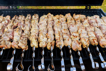 Barbecue meat on charcoal grill on skewers.