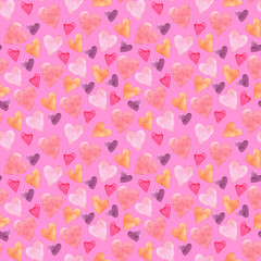 Seamless pattern with hand-drawn watercolor hearts on a pink background. Valentine's day texture for design of wrapping paper, postcards, fabric and other souvenir products