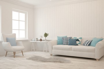 Stylish room in white color with sofa. Scandinavian interior design. 3D illustration