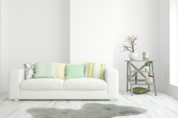Stylish room in white color with sofa. Scandinavian interior design. 3D illustration