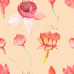 Seamless raster watercolor pattern with flowers fuchsia and leaves close up on a colored background.
