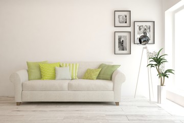 Stylish room in white color with sofa. Scandinavian interior design. 3D illustration