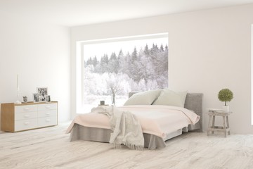 Stylish bedroom in white color with winter landscape in window. Scandinavian interior design. 3D illustration