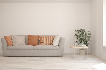 Stylish room in white color with sofa. Scandinavian interior design. 3D illustration