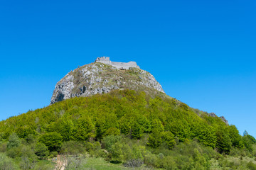 Fototapeta premium Fortress Montsegur is perched on top of a rocky spur 