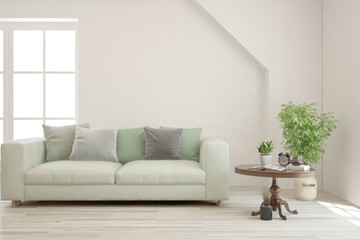 Stylish room in white color with sofa. Scandinavian interior design. 3D illustration