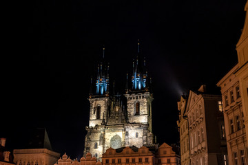 Fototapeta na wymiar Temple of the Virgin Mary in front of Tyn on Old Town Square in Prague at night, Czech Republic.