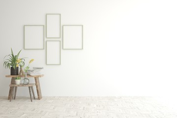 Empty room in white color with wooden table. Scandinavian interior design. 3D illustration