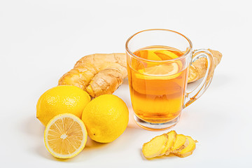 Ginger tea with lemon and honey on white background. mock up, template, copy space