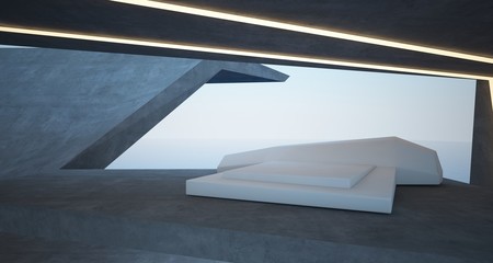 Abstract architectural concrete interior of a modern villa on the sea with swimming pool and neon lighting. 3D illustration and rendering.