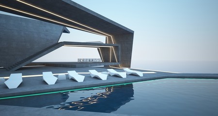 Obraz premium Abstract architectural concrete interior of a modern villa on the sea with swimming pool and neon lighting. 3D illustration and rendering.