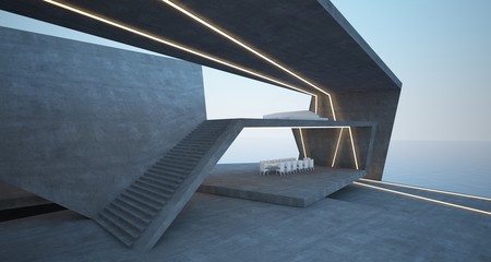 Fototapeta premium Abstract architectural concrete interior of a modern villa on the sea with swimming pool and neon lighting. 3D illustration and rendering.