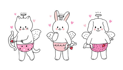 Cartoon cute Valentines day  Cupids cat and rabbit and dog vector.