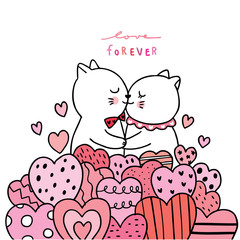 Cartoon cute Valentines day white cats lover kissing vector.